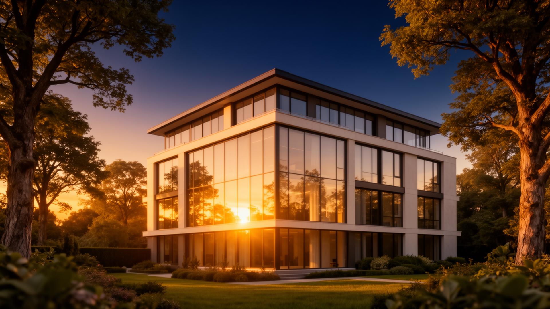 Modern premium building at golden hour, surrounded by trees